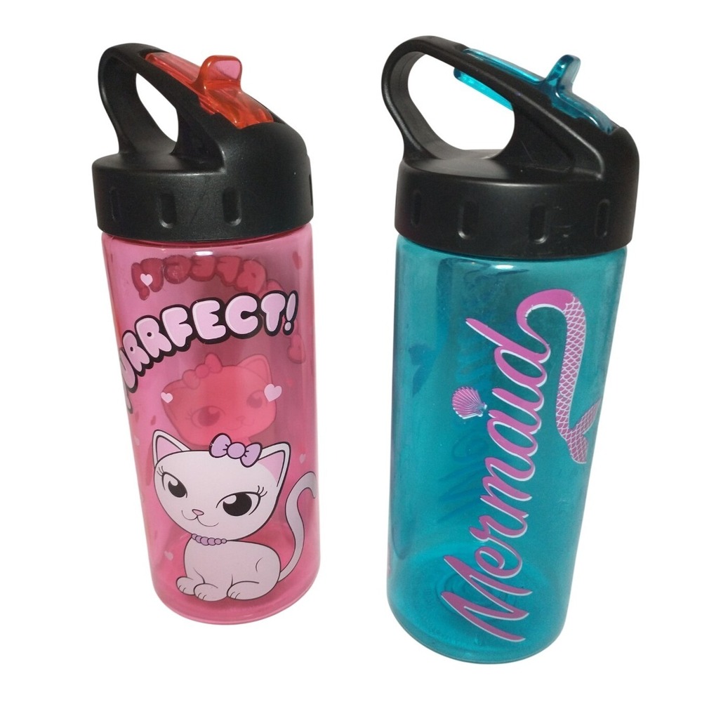 Cool Gear 2pk Kids Water Bottles 16oz BPA-Free Pink Kitty Blue Mermaid Plastic
